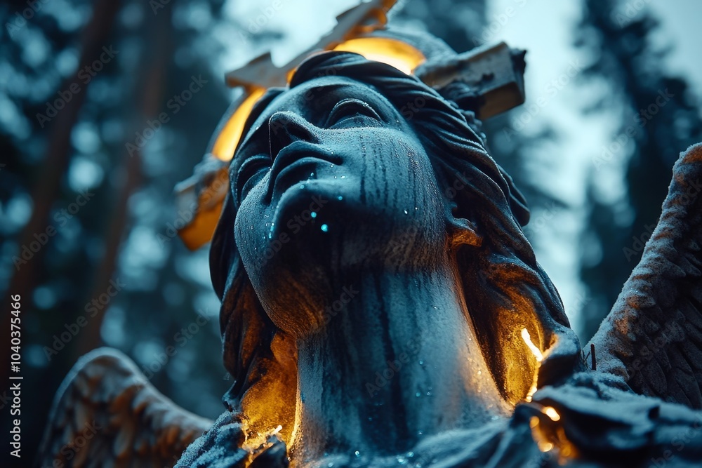 Poster Angel statue weeping in a misty graveyard, with soft light filtering through the fog, creating a serene and mournful atmosphere