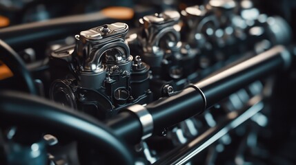 Focused shot of an engine block in a Formula 1 car, revealing intricate mechanical components and craftsmanship