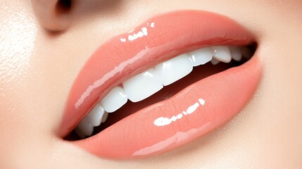 Naklejka premium High-definition close-up of glossy coral lips showing a smooth, shiny texture and bright white teeth, emphasizing natural beauty and lip care.
