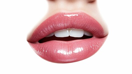 Obraz premium High-definition close-up of glossy pink lips with a natural sheen, showing a soft and smooth texture against a clean white background.