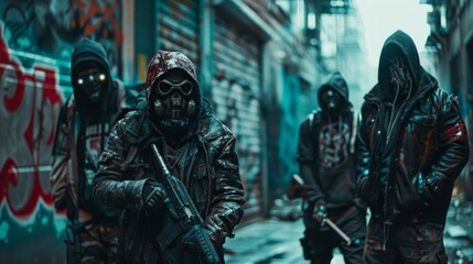 Naklejka premium Cyberpunk gang members in a graffiti-covered alley