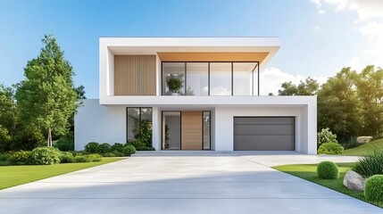 Fototapeta premium A contemporary two-story white house featuring large windows, a clean driveway, and lush green landscaping under a clear blue sky.