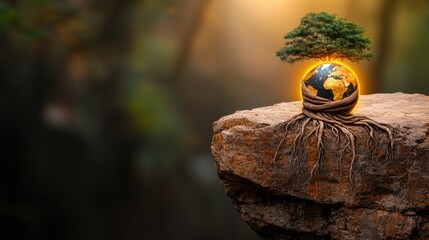 Tree growing from glowing earth on a rocky cliff against a blurred natural backdrop 