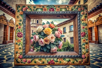 Fototapeta premium Watercolor Square Frame with Traditional Folk Calico Rose Flowers for Architectural Photography