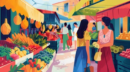 Illustration of Woman shopping in a vibrant outdoor market