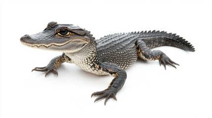 Naklejka premium A small alligator with black and brown scales, looking at the camera, is isolated on a white background.
