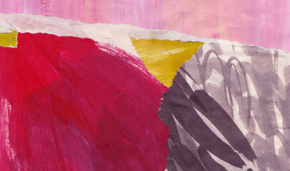 Red black pink ink abstract collage, torn paper pieces glued, horizontal banner background