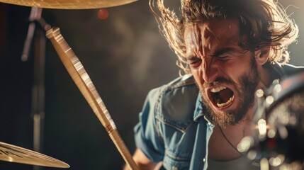 Rock drummer mid-drum solo on a grand stage