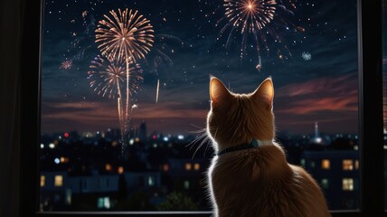 A ginger cat sits by a window, looking out at a city skyline with fireworks exploding in the night sky.