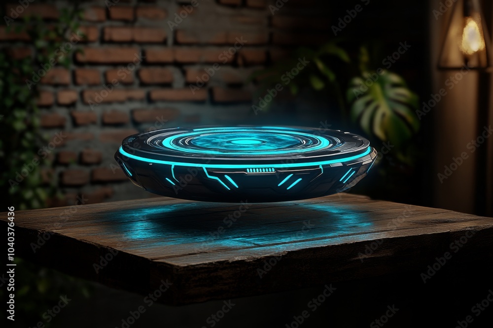 Poster cerulean holographic interface, floating in the air with glowing blue touch controls and futuristic 