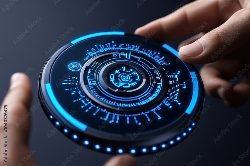 Poster cerulean holographic interface, floating in the air with glowing blue touch controls and futuristic 