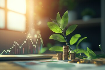 Financial growth in a business setting, shown through rising profit graphs, currency symbols, and corporate imagery, emphasizing successful financial management.