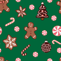 Christmas sweets Cocoa Candy Lollipop Gingerbread man vector seamless pattern. Vintage Xmas sweetmeat background for holiday festive season wrapping paper.