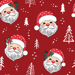 Santa Claus with snow and white ground, polka dot, vintage style pattern. Cute seamless Christmas holidays cartoon character background. Separate elements.