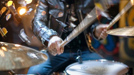 Naklejka premium Rock drummer mid-drum solo on a grand stage