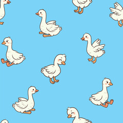 Seamless childish pattern with cute gooses and small chiks. Kids beige texture with funny ducks. Vector illustration for newborn prints