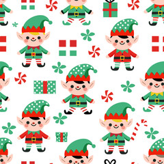 Seamless pattern with funny santa elves characters in hats with gift box, candy cane, sweets and snowflakes. For Christmas cards, invitations, packaging paper etc. Vector flat cartoon illustration.