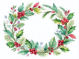 Watercolor Winter Holiday Wreath with Holly and Berries for Invites and Cards
