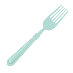 A blue, turquoise fork isolated on a white background. Flat style. For the design of a poster, logo, label. Pastel colors