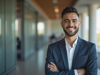 Fototapeta premium Hispanic businessman smiling with arms crossed in office hallway