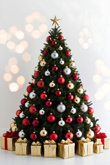 Christmas tree with presents, Christmas tree decorations, christmas tree with lights, Xmas copy-space