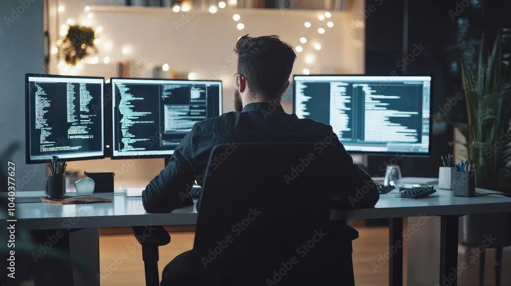 Poster a focused programmer working late the intersection of code and creativity in a modern workspace