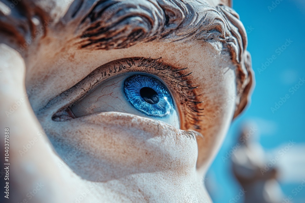 Poster close-up of a thoughtful face, with the focus on the eyes, representing introspection, logic, and th