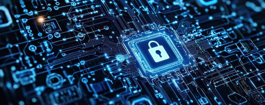 A detailed representation of Endpoint Security, using a sophisticated blue circuit diagram to illustrate the complex network defenses protecting digital systems.