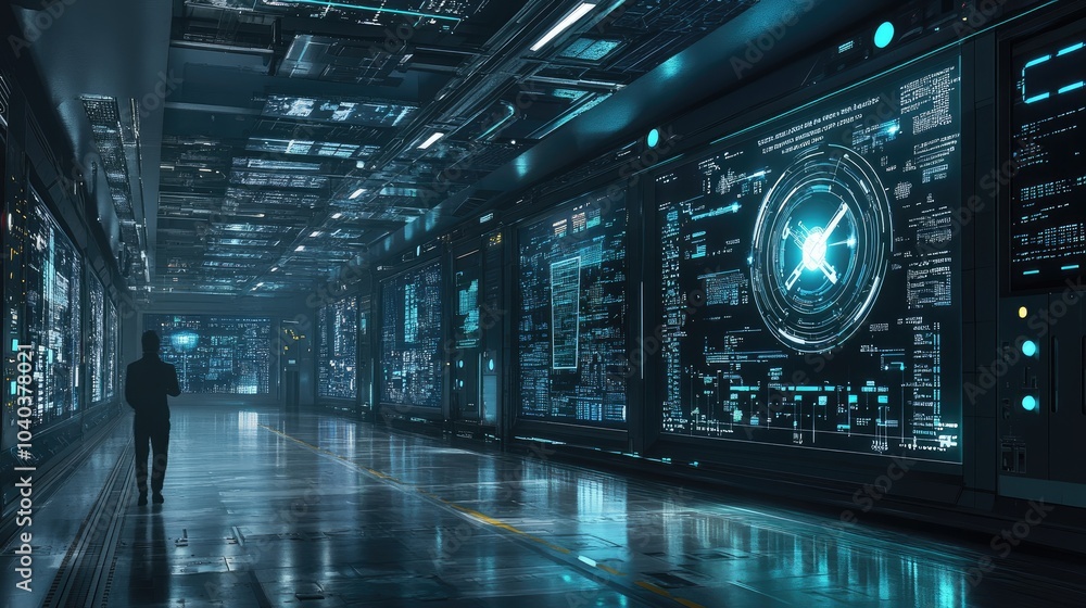Poster futuristic high-tech corridor with digital displays and data interfaces in a sci-fi environment