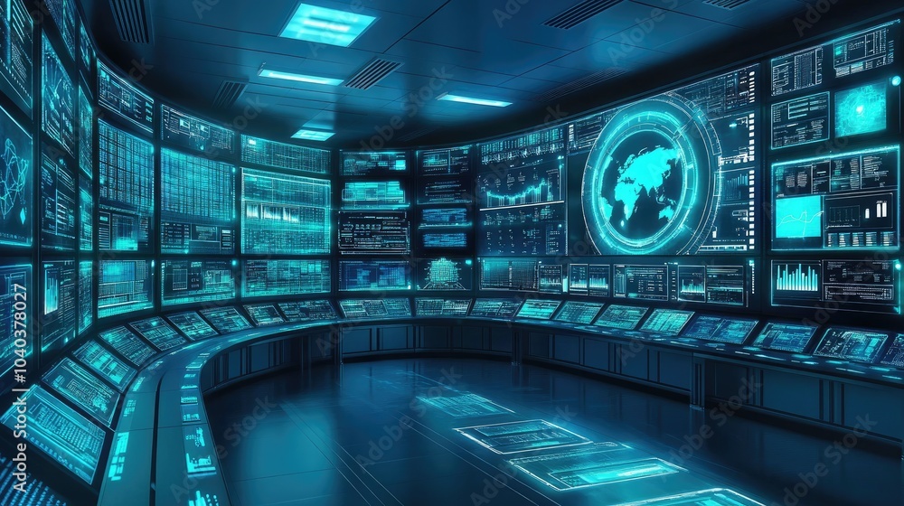 Poster futuristic control room with advanced data visualization and global mapping interfaces