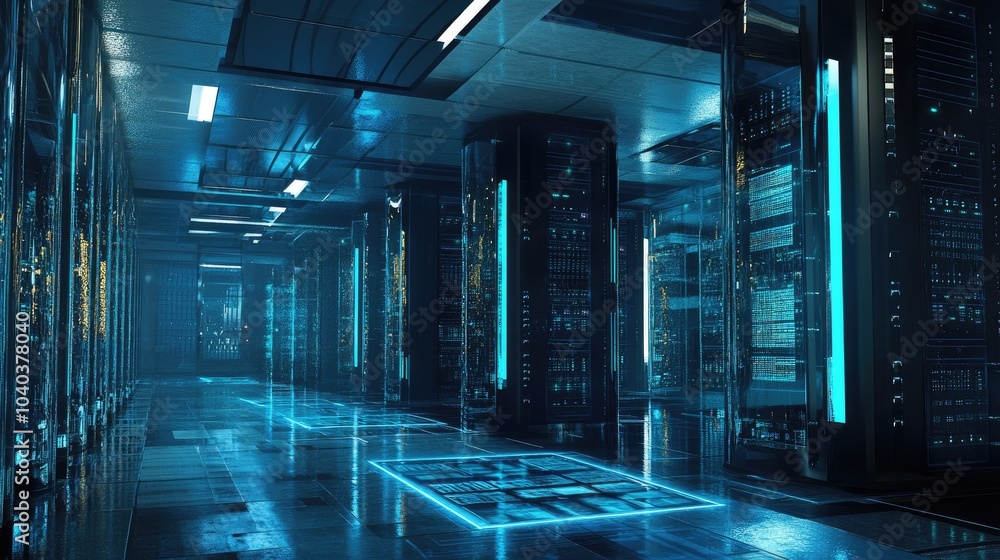 Poster futuristic data center exploring the high-tech realm of server architecture and connectivity