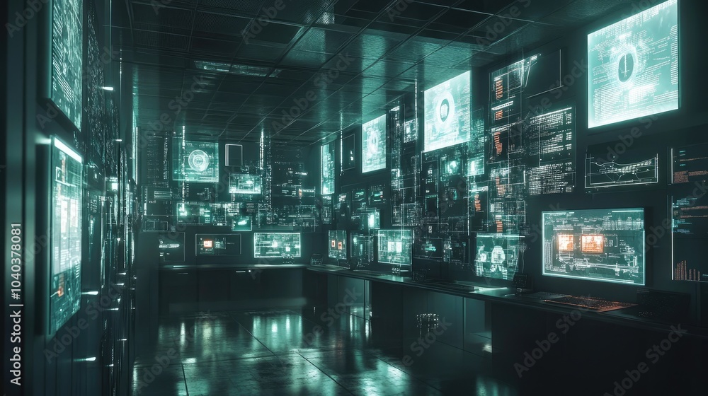 Poster futuristic control room filled with advanced computer screens and data displays in a high-tech envir
