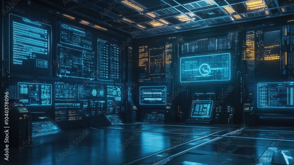 Poster futuristic control room with advanced technology interface and data displays