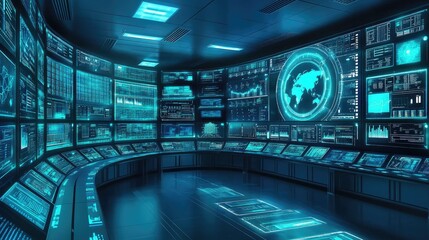 Futuristic control room with advanced data visualization and global mapping interfaces