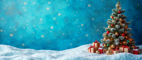 Christmas Tree with Gifts in Snowy Landscape, concept for holiday season, festive greeting card, winter scene