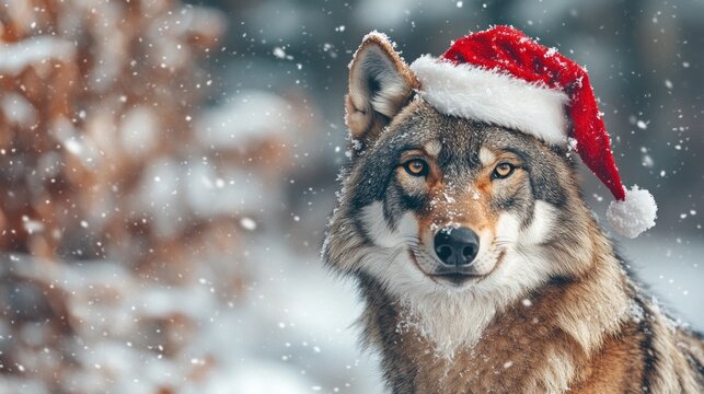 A wolf wearing a Santa hat is standing in the snow