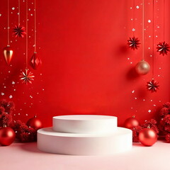 Red Christmas Ornaments and White podium Display, perfect for holiday sales, Christmas banners, winter promotions, or festive greeting cards