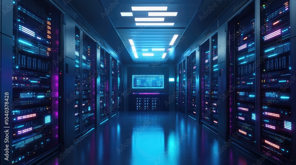 Poster illuminated data center corridor a glimpse into modern technology infrastructure