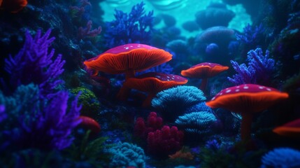 A vibrant underwater scene with colorful coral and glowing mushrooms.