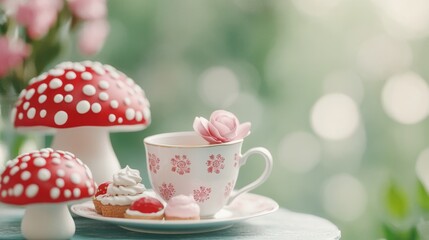 A vintage teacup and saucer with a pink rose and two miniature red and white mushroom figurines on a table, with a blurred background of greenery and pink flowers.