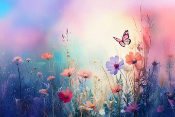 Watercolor painting of flowers in the field with a pink butterfly. Romantic background