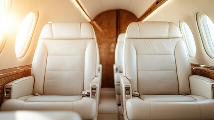 Elegant leather seats inside a private jet, representing luxury travel and comfort in an exclusive, sophisticated cabin space with natural lighting illuminating the interior.