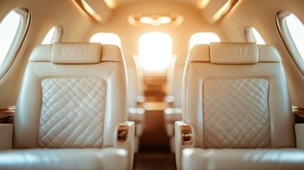 A modern private jet's interior featuring quilted leather seats, capturing elegance, comfort, and exclusivity in an illuminated cabin designed for luxury air travel.