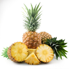 Pineapple whole and sliced scattered around background concept isolated white