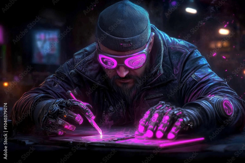 Aufkleber Cyberpunk mechanical engineer in a neon-lit workshop, working on futuristic machines and robotic limbs with glowing tools