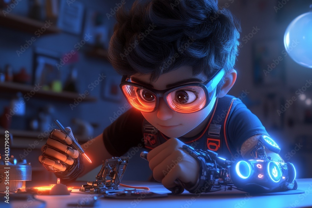 Poster Cyberpunk mechanical engineer in a neon-lit workshop, working on futuristic machines and robotic limbs with glowing tools