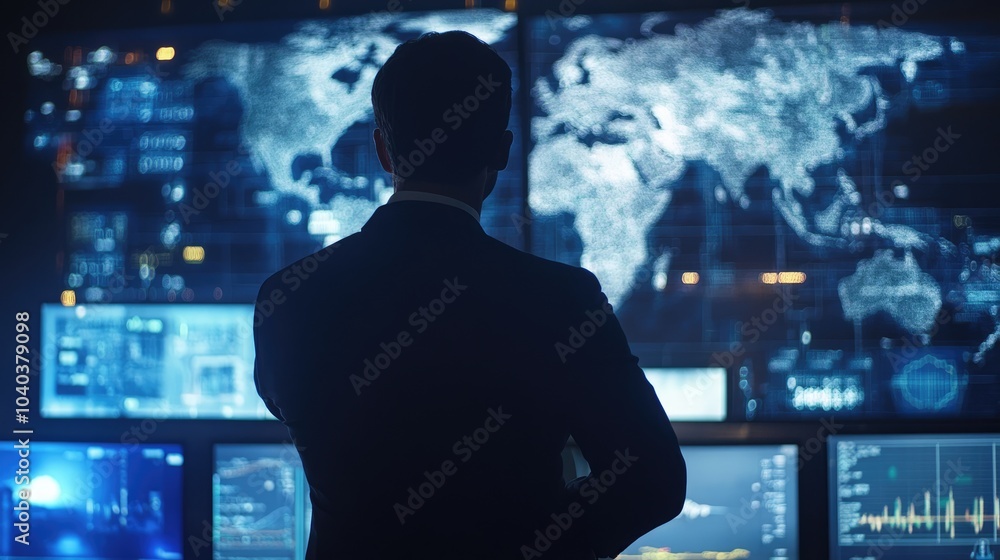 Poster strategic insights in global context a business leader analyzes data trends with digital technologie