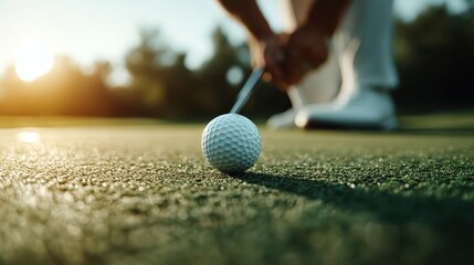 A golfer poised to take a shot on the sunlit course, focusing intently on a well-placed ball, with early light enhancing the scene's tranquil energy. Inspiration.