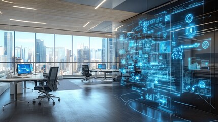 Obraz premium Futuristic office space with advanced technology and city view