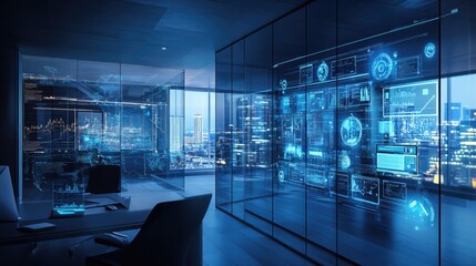 Futuristic office interior with advanced data visualization and cityscape view